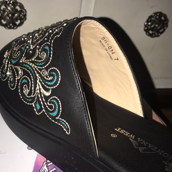 Montana West- studded cross black/turquoise platform wedge slip-on mule-NWT - Picture 9 of 11